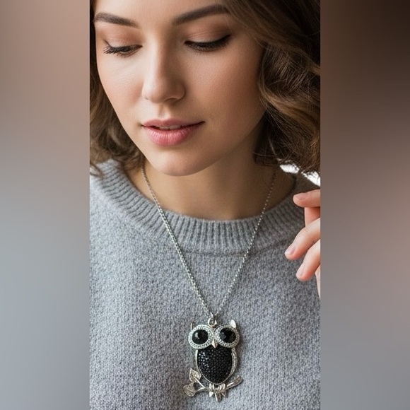 Jewelry - Vintage Owl Silver and Black Rhinestone Necklace